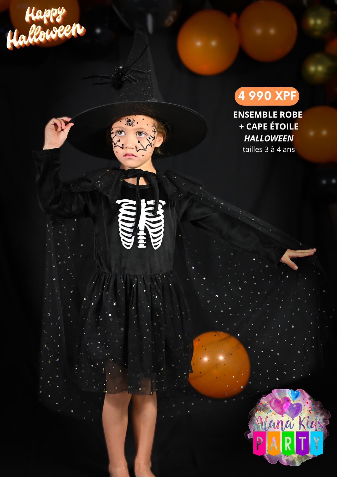 Ensemble Robe + Cape Étoile Halloween (tailles 3 à 4 ans)