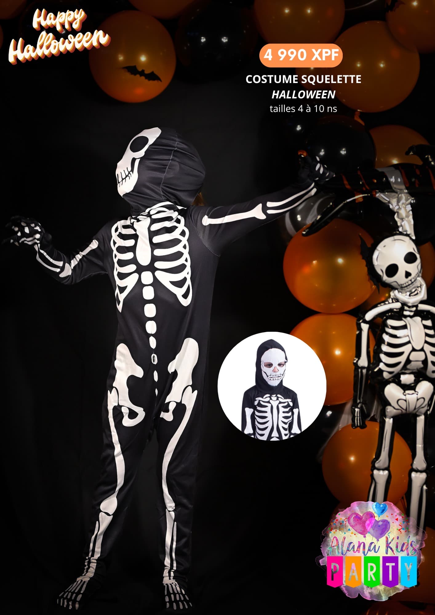 Costume Squelette Halloween (tailles 4 à 10 ans)