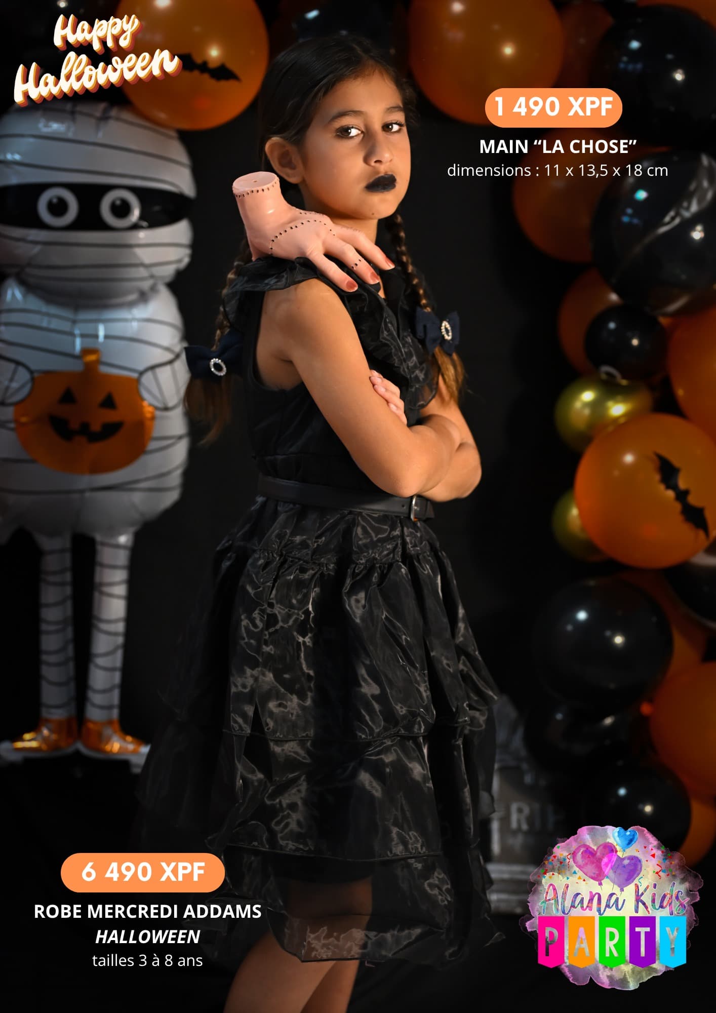 Robe Mercredi Addams Halloween (tailles 3 à 8 ans)